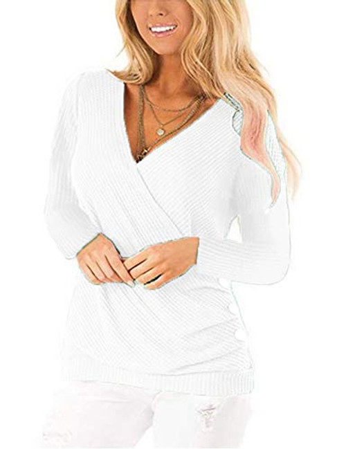 Acloth Women's White Casual Waffle Knit Top,Waffle Knit V Neck Wrap Side Button Long Sleeve Tunic Blouse (White, Large)