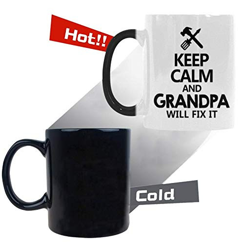 Funny Heat Reveal Changing Color Cup 11 Ounce Ceramic Cup, Keep Calm and Grandpa Will Fix It Coffee Mug or Tea Cups Gift For Father's Day, Dad,Grandpa Mug