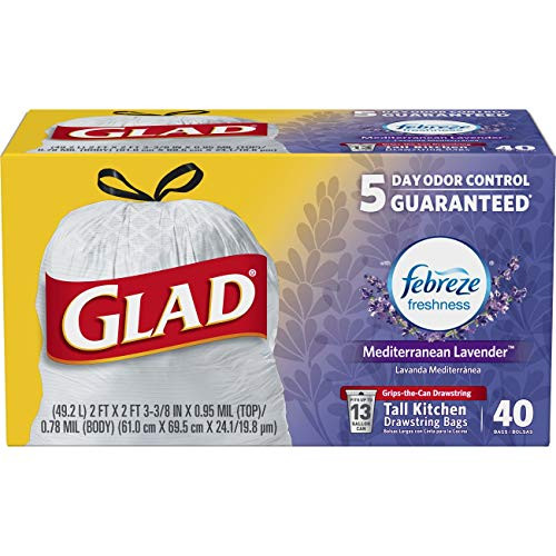 Glad Tall Kitchen Drawstring Trash Bags - OdorShield 13 Gallon White Trash Bag, Febreze Mediterranean Lavender - 40 Count Glad Tall Kitchen Drawstring Trash Bags - OdorShield 13 Gallon White Trash Bag, Febreze Mediterranean Lavender - 40 Count