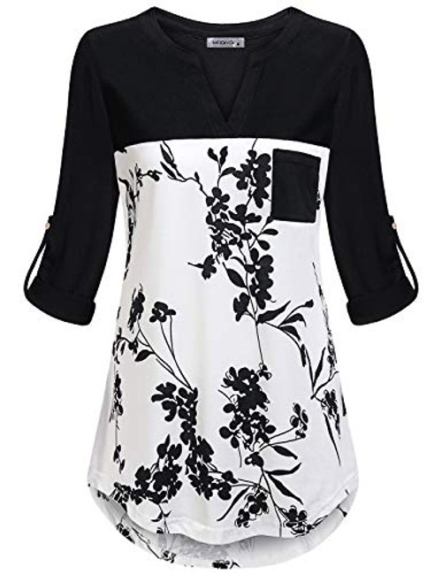 MOQIVGI Floral Tunic Tops for Women,3/4 Sleeve Vneck Cute Shirts Lady Trendy Casual Loose Fitting High Low Shirttail Flower Career Blouses Boutique Clothing Black White X-Large