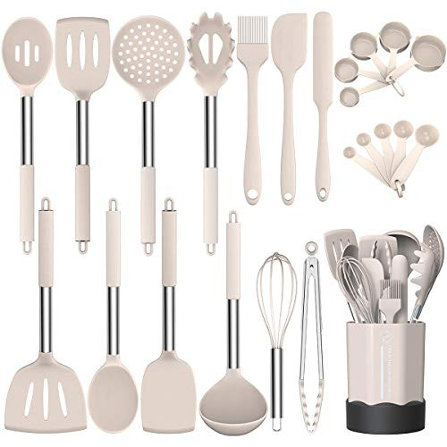 Silicone Cooking Utensil Set, Fungun Non-stick Kitchen Utensil 24 Pcs Cooking Utensils Set, Heat Resistant Cookware, Silicone Kitchen Tools Gift with Stainless Steel Handle (Khaki-24pcs)