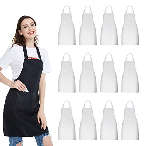 12 Pack Bib Apron - Unisex white Apron Bulk with 2 Roomy Pockets Machine Washable for Kitchen Crafting BBQ Drawing