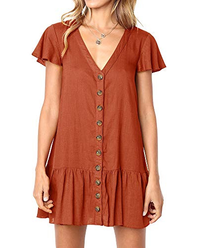 Chuanqi Womens V Neck Button Down Ruffles Casual Loose Swing Short Mini T-Shirt Dress(X-Large, ZZZ-Brick red)