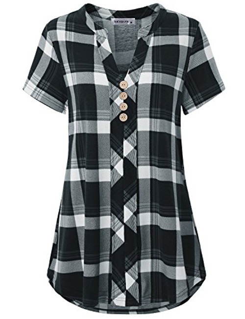 MOQIVGI Spring Tops for Women, Juniors Buffalo Checkered Shirt Notch Collar Short Sleeve Fashion Office Casual Clothing Swing Pleated Plaid Tunic Blouse to Wear with Leggings Black White Medium