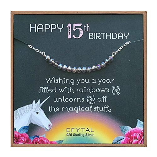 EFYTAL 15th Birthday Gifts for Her, 925 Sterling Silver Beaded Bar Necklace on Unicorn Card, 15 Beads for 15 Year Old Girl, Quinceanera Gift for Daughter or Niece, Jewelry Gifts for Girls