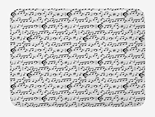 TAQATS Music Bath Mat, Abstract Style Professional Music Pattern with Notes and Clef Sheet Play Writing, Plush Bathroom Decor Mat with Non Slip Backing, 23.6 W X 15.7 W Inches, Black White