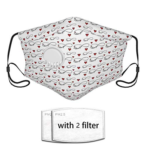Fillter Face Cloth for Unisex Adult with 2 Filters,Hand Writing with Infinity Symbols Romantic Red Hearts Valentines Day Theme,Reusable Windproof Mouth Anti Dust Double Protection