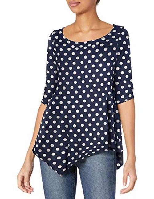 Star Vixen Plus Size Women's Hanky Hem Top, Elbow Sleeve with Cinch Detail, Navy/White Dot, 3X