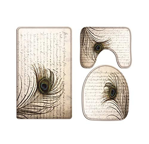 A.Monamour Vintage Peacock Feather Ancient English Script Writing Art Print Soft Flannel Cloth Washable Toilet Seat Covers Toilet Lid Covers Cushions Pads Skidproof Bath Mat Rug For Toilet Accessories