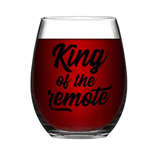 King of The Remote Funny Stemless Wine Glass, Etched Wine Glass, Party Decorations Wines, Birthday Gift, Sandblasted, Engraved Wine Glass