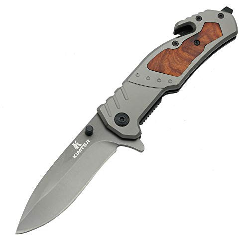 Kimter Assisted Opening Pocket Knife with Seat Belt Cutter Glass Breaker Pocket Clip 440 Blade Mahogany Handle Utility Flipper Tactical Knives for Men EDC Survival Hiking Camping
