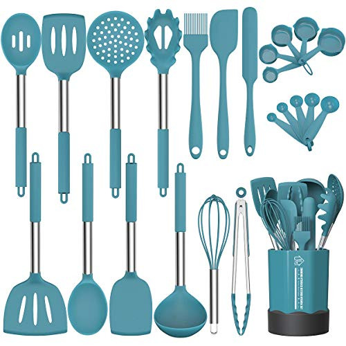 Silicone Cooking Utensil Set, Fungun Non-stick Kitchen Utensil 24 Pcs Cooking Utensils Set, Heat Resistant Cookware, Silicone Kitchen Tools Gift with Stainless Steel Handle (Blue-24pcs)