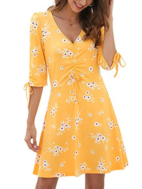 Women's Floral Dress V Neck 3/4 Sleeve Casual Knee Length Pleated Elegant Summer Short Dresses Yellow Medium Women's Floral Dress V Neck 3/4 Sleeve Casual Knee Length Pleated Elegant Summer Short Dresses Yellow Medium