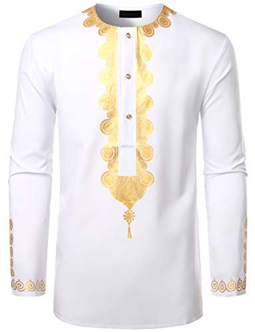 LucMatton Men's Traditional African Luxury Metallic Gold Printed Dashiki Shirt White X-Large LucMatton Men's Traditional African Luxury Metallic Gold Printed Dashiki Shirt White X-Large