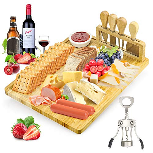 Bamboo Cheese Board and Knife Set - Charcuterie boards Bamboo Wood Cutting Platter and Cheese Serving Tray for Wine, Crackers,Brie, Fruits, Bread and Meat Bamboo Cheese Board and Knife Set - Charcuterie boards Bamboo Wood Cutting Platter and Cheese Serving Tray for Wine, Crackers,Brie, Fruits, Bread and Meat