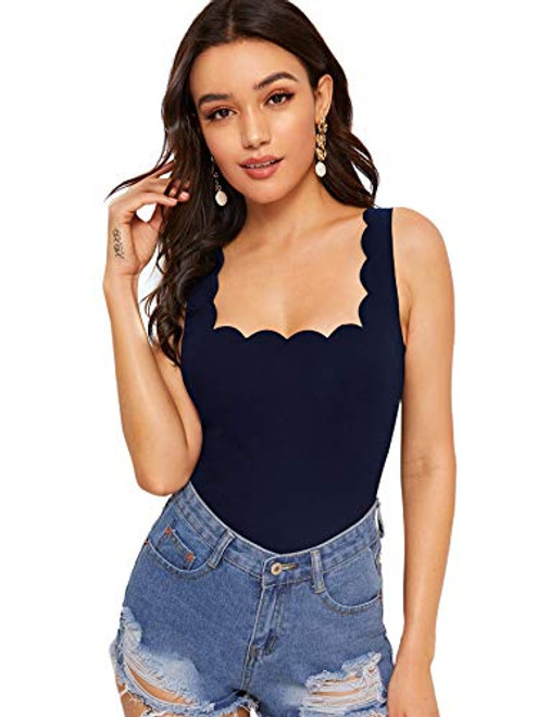 SOLY HUX Women's Scallop Trim Sleeveless Summer Cami Tank Top Navy S