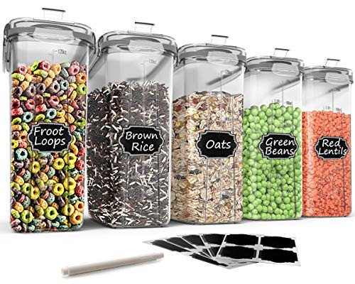 Large Cereal  and  Dry Food Storage Containers - Wildone 5 Pieces Airtight Cereal Storage Containers for Sugar, Flour, Snack, Baking Supplies, Leak-proof with light Grey Locking Lids (4L /135.3oz)