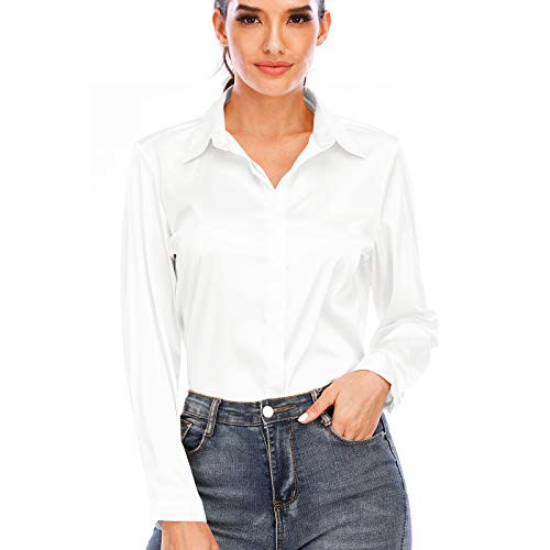 Women's Silk Blouse Long Sleeve Lady Shirt Casual Office Work Blouse Button-Down Shirts Tops(White,XL)