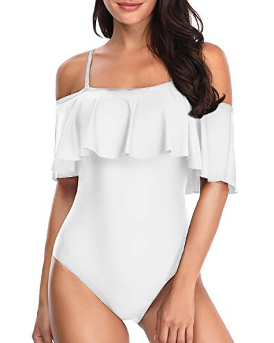 Tempt Me Women's White Off Shoulder One Piece Swimsuits Flounce Ruffle Bathing Suits M