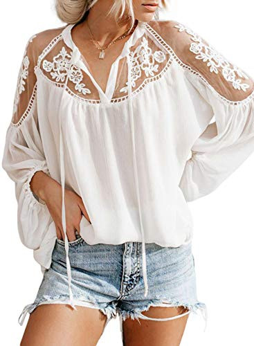 Biucly Womens Casual Solid V Neck Lace Crochet Button Down Bell Sleeve Drawstring Shirts Tops Loose Blouse, White, L