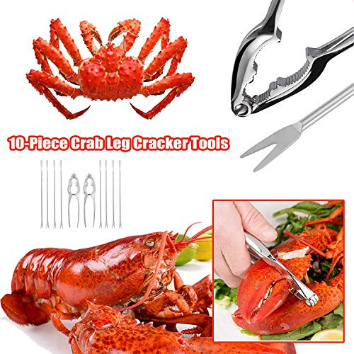 Lobster Crackers and Picks Set, 10-Piece Crab Leg Cracker Tools - Stainless Steel Seafood Crackers  and  Forks Nut Cracker Set (Silver)