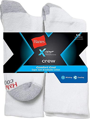 Hanes Men's 10-Pack FreshIQ Cushion Crew Socks (13-15 / Shoe: 12-14, White X-Temp Technology)