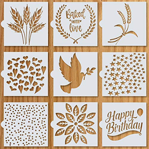 Artisan Bread Stencils   Bread, Cake, Pie, or Cookie Stencils (Set of 9) for Decorating Your Own Unique Design   Baking Stencil Set (5.5 by 5.5) Includes Classic Wheat, Stars, Hearts  and  More
