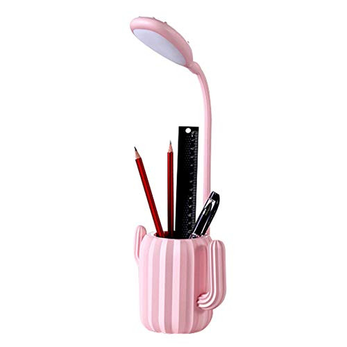 XuanMax Cactus LED Desk Lamp with Pen Holder Rechargeable Night Light Flexible Dimmable Bedside Table Lamp for Bedroom Reading Study - Pink