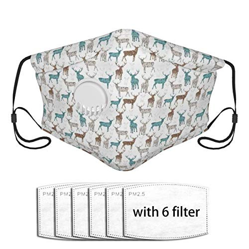 1 mask 6 Filters Face Mask,Washable Cloth,Cover for Dust Adults Reindeer Silhouettes with Writings Grunge Inspirations Christmas