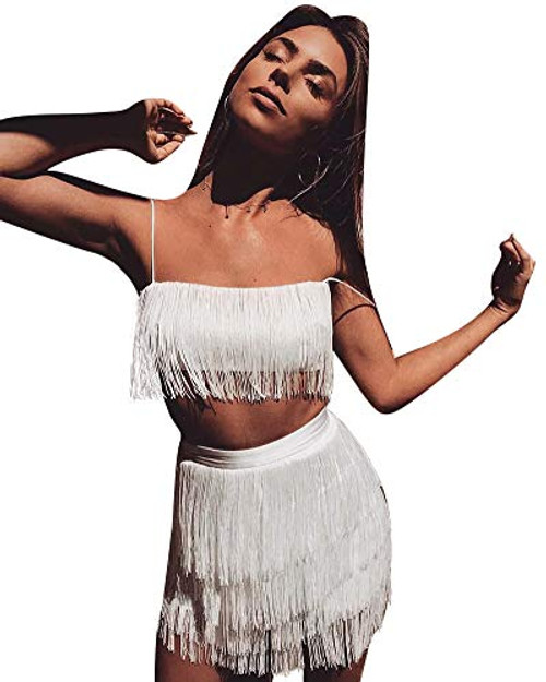 Womens Sexy 2 Piece Outfits Sleeveless Crop Top Feather Tassels Bodycon Mini Dress Outfits Clubwear White L