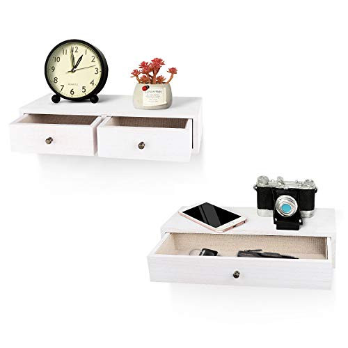 Emfogo Floating Shelves with Drawer Rustic Wood Wall Shelves as Floating Nightstand or Bedside Shelf for Storage and Display Set of 2 (WhiteplusMedium)