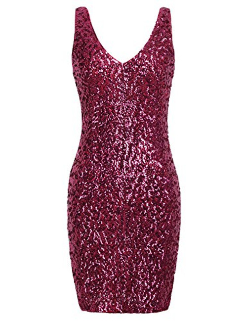 PrettyGuide Women Sexy Deep V Neck Sequin Glitter Bodycon Stretchy Mini Party Dress Rose Red