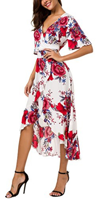 Kormei Womens Short Sleeve Floral High Low V-Neck Flowy Party Long Maxi Dress XL White Kormei Womens Short Sleeve Floral High Low V-Neck Flowy Party Long Maxi Dress XL White
