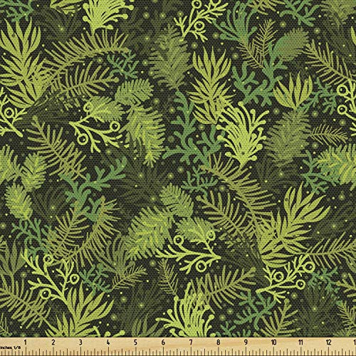 Ambesonne Sage Fabric by The Yard, Evergreen Christmas Tree Coniferous Fir Pine Leaves Retro Seasonal Forest, Decorative Fabric for Upholstery and Home Accents, 2 Yards, Olive Green
