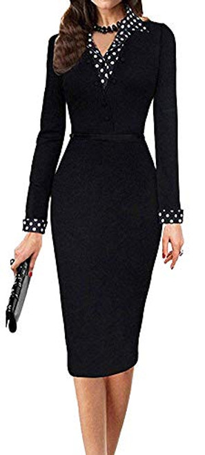 LunaJany Women's Polka Dot Long Sleeve Wear to Work Office Pencil Dress Medium Black