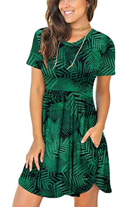 LONGYUAN Women Spring Short Sleeve Casual Dresses Loose Comfy Sundress with Pockets Leaf Green Medium