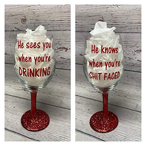 Adult Stocking Stuffers He Sees You When You're Drinking Christmas Wine Glasses Holiday Party Favors Funny Gift for Daughter Wine Lover