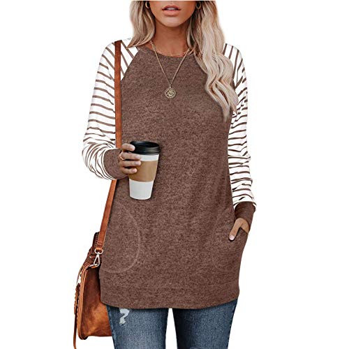 AOKASII Shirts for Women Sexy, Womens Comfy Casual T Shirts Long Sleeve V Neck Tunic Tops Loose Twist Knot Blouse Brown