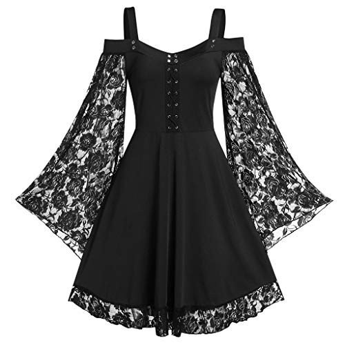 Hotkey Women Comfy Dress Gothic Criss Cross Lace Insert Flare Sleeve T-Shirt Tops Cold Shoulder Sling Dresses Shirts Black