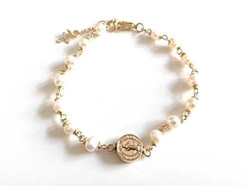 St Benedict medal adjustable bracelet cultured pearls, Pulsera San Benito