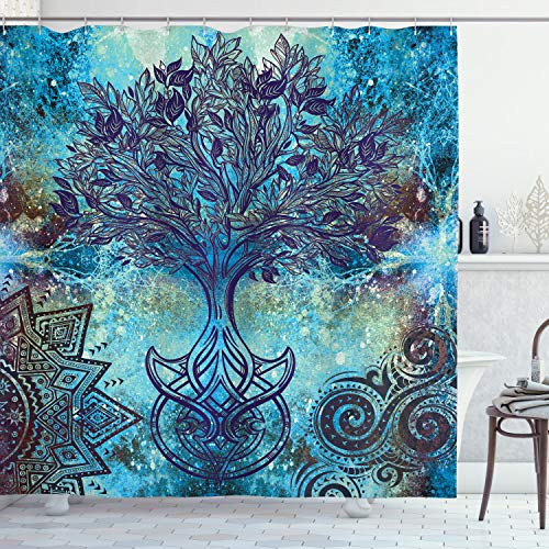 Ambesonne Ethnic Shower Curtain, Grunge Style Tree Pattern with Mandala and Spiral Shapes Blurry Artwork, Cloth Fabric Bathroom Decor Set with Hooks, 70 inch Long, Turquoise Brown