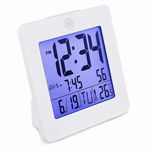Marathon CL030050WH Digital Dual Alarm Clock with Day, Date, Temperature and Backlight. Color-White. Batteries Included