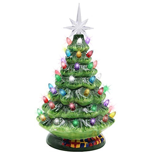 Blissun 10 inch Ceramic Christmas Tree, Tabletop Christmas Tree Lights Decorations with 54 Multicolored Lights and 7 Point Star Topper for Christmas Table Decorations