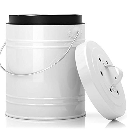 Oversized 1.3 Gallon Kitchen Compost Bin with EZ-No Lock Lid, Plastic Liner and Charcoal Filters in White and Black - Sturdy Construction and Odor-Free Seal w/Dishwasher Safe Bucket Oversized 1.3 Gallon Kitchen Compost Bin with EZ-No Lock Lid, Plastic Liner and Charcoal Filters in White and Black - Sturdy Construction and Odor-Free Seal w/Dishwasher Safe Bucket