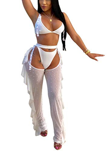 Women Sexy Beading Pearl See Through Sheer Mesh 2 Pieces Outfits Jumpsuits Bikini Crop Top and Hollow Out Ruffle Long Pants White