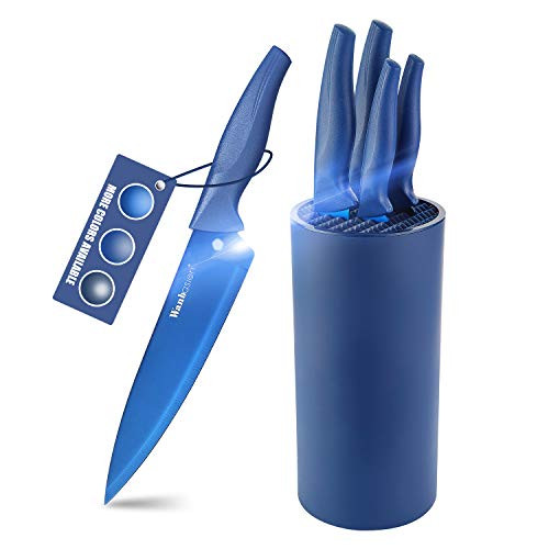 Wanbasion Navy Blue Kitchen Knives Block Set Professional, Stainless Steel Knife Set with Block, Knives Block Set with Knives Chef for Cooking