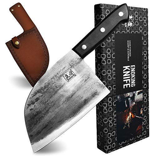 ENOKING Butcher Knife Hand Forged Butcher Cleaver Knife Full Tang Meat Cleaver, High Carbon Clad Steel Super Sharp Butcher Cleaver with Leather Knife Sheath ENOKING Butcher Knife Hand Forged Butcher Cleaver Knife Full Tang Meat Cleaver, High Carbon Clad Steel Super Sharp Butcher Cleaver with Leather Knife Sheath