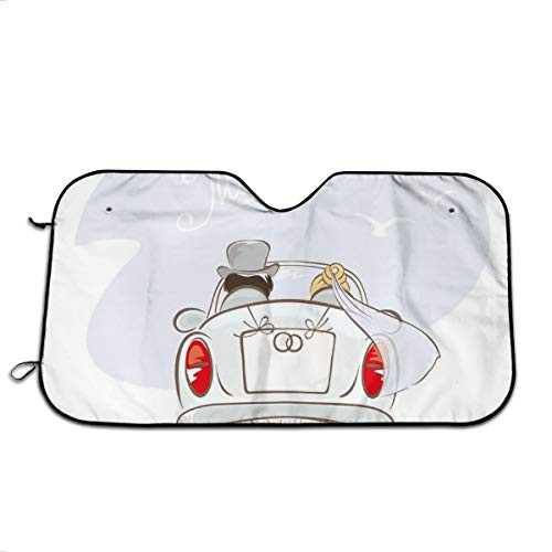 Windshield Sunshade for Car,Just Married Retro Hand Writing Bride and Groom in Car Cans Birds,Front Window Sun Shade Visor Shield Cover(27.5 x 51)