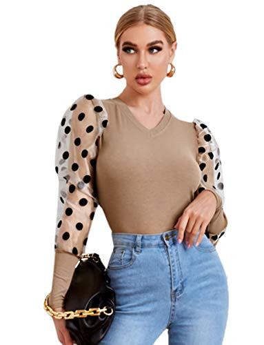 Romwe Women's Polka Dots Mesh Puff Long Sleeve V Neck Slim Fit Tops Blouse Shirts Apricot S