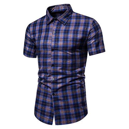 VEKDONE Mens Slim Fit Dress Shirt Basic Short Sleeve Checked Button Down Shirt Casual Plaid Poplin Business Shirts(Blue,Large)